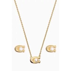 Coach Gold Pearl Signature C Pendant Necklace & Earrings set - NWT!